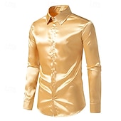 cheap Men's Satin Shirts-Men's Shirt Satin Shirt Dress Shirt Button Up Shirt Prom Shirt Gradient Wedding Formal Blue Silver Black Yellow Long Sleeve Turndown Spring All Seasons Clothing Apparel Plain