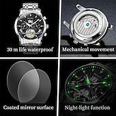 preiswerte Mechanische Uhren-Luxuriöse, automatische Herrenuhr, zweifarbiges Edelstahlgehäuse, blaues Zifferblatt im Skelett-Tourbillon-Stil, selbstaufziehende Business-Armbanduhr mit Großdatum, 24-Stunden-Anzeige, wasserdicht