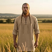 abordables Tapas-Medieval Renacimiento Camisas Sayo Larga Pirata Vikingo Mezcla con algodón y lino. Disfraz Hombre Vikingo Pirata Víspera de Todos los Santos Carnaval Rendimiento LARP Feria Ren Adulto Camisas