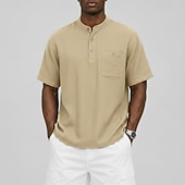 cheap Casual Henley Tee-Men's Tee Linen T-Shirt Short Sleeve Solid Color Plain Vacation Pocket Buttons Henley Casual Daily Outdoor Summer Spring &amp;  Fall Light Blue Navy Blue Khaki Henley T-Shirt