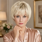 preiswerte ältere Perücke-Kurze, platinblonde Pixie-Bob-Perücke mit Pony – gestuftes, aschblondes Kunsthaar für Damen, natürlich voluminöses Haarteil für den Alltag