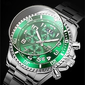 economico Orologi al quarzo-Orologio cronografo da uomo Olevs di lusso con quadrante verde, bicolore in acciaio inossidabile, fasi lunari, impermeabile, luminoso, analogico al quarzo, orologio da polso da uomo con quadrante