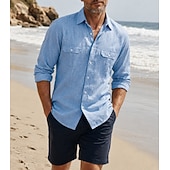 abordables Clásico-Camisa de lino transpirable para hombre - camisa casual de verano de manga larga - azul, negro, blanco