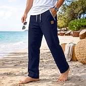 cheap Holiday-Men's Linen Pants Trousers Summer Pants Baggy Pants Drawstring Elastic Waist Straight Leg Plain Comfort Breathable Full Length Casual Daily Beach Vacation Fashion Blue Black Inelastic