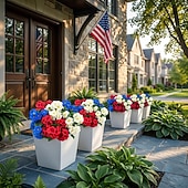  6 Pcs Artificial Geranium Flowers for Outdoors Geranium Silk Flowers Outdoor UV Resistant Plants Faux Patriotic Flowers for 4th of July Home Kitchen Table Centerpieces Decor (6, RedWhiteBlue)