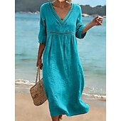 cheap Plain Dress-Women's Long Dress Maxi Dress Sundress Elegant Vacation Beach Holiday Loose Fit Solid Color Half Sleeve V Neck Light Blue Denim Blue turmeric off white Summer Spring