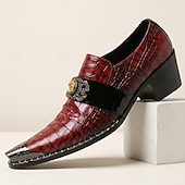 voordelige Mocassins de couro premium-Men's Red Croc-Embossed Strap Dress Shoes Pointed-Toe Statement Formal Footwear for Stylish Men, Weddings, Banquets, Parties and Stage Events