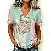 cheap Floral tee-Women's T Shirt Print Striped Floral Graphic Striped Stylish Classic Casual Short Sleeve V Neck Regular Tops Casual Daily Red Green Summer Spring