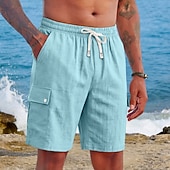 cheap Holiday-Men's Shorts Linen Shorts Summer Shorts Beach Shorts Drawstring Elastic Waist Multi Pocket Plain Comfort Soft Knee Length Daily Outdoor Beach Vacation Fashion Khaki Black Inelastic