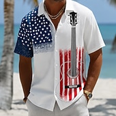  Men's 4th of July U.S. 250th Anniversary Guitar American Flag Shirt Summer Shirt Tropical Shirts Short Sleeve Patriotic Vacation Holiday Summer Spring Turndown 3D Print Button Up Shirts Blue Dark