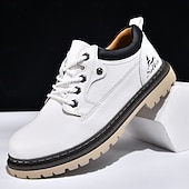 baratos Sapatos Casuais com Cadarço-Tênis masculino branco casual de couro com cadarço, leve e confortável para caminhadas, calçado resistente e elegante para uso diário, viagens, deslocamentos e passeios de fim de semana.