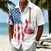  Herren 250. Jubiläums Patriotic Gitarre Amerikanische Flagge Knopfleistenhemd Kurzarm Knopfleiste Sommer Urlaubsoberteil