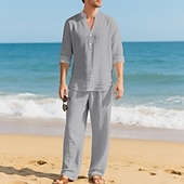 economico Camicie di lino-Per uomo Due pezzi Camicia popover Set Camicia E Pantaloni Impostare Semplice Casuale Quotidiano Vacanza Scollo a V Manica Lunga Estate Primavera Moda Casual Confortevole Abbigliamento