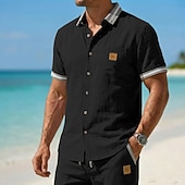  Herren Hemd Leinenhemd Sommerhemd Strandhemd Einfach Lässig Täglich Blau Schwarz Marineblau Khaki Kurzarm Kragen Sommer Frühling Bekleidung Patchwork