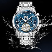 preiswerte Mechanische Uhren-Luxuriöse, automatische Herrenuhr, zweifarbiges Edelstahlgehäuse, blaues Zifferblatt im Skelett-Tourbillon-Stil, selbstaufziehende Business-Armbanduhr mit Großdatum, 24-Stunden-Anzeige, wasserdicht