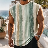cheap Vacation Tropical T Shirts-Men's Boho Striped Undershirt Sleeveless T shirt 3D Print Crew Neck Shirt Vacation Tropical Fashion Daily Holiday Green 1# Green 2# Green 3# Spring &amp; Summer Clothing Apparel S M L XL 2XL 3XL