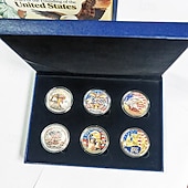  Conjunto de 6 moedas comemorativas do 250º aniversário dos EUA em caixa de presente, moedas patrióticas para colecionadores de 1776 a 2026, lembrança do Dia da Independência, moedas históricas