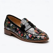 abordables Chaussures Déclaration-Mocassins à enfiler noirs à motif floral pour homme, chaussures habillées élégantes à bride vernie, parfaites pour les mariages, les banquets, les fêtes et les soirées raffinées.