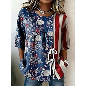  día de la independencia americana Mujer Camisa camisa boho Camisa casual Graphic Bandera Elegante Bohemia Vintage Manga Corta Cuello Barco Tops largos Casual Azul Piscina Blanco y Azul Gris+Azul+Rojo