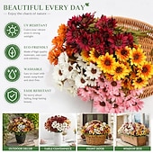 お買い得  造花-秋の造花菊10束、夕焼け菊、デイジーとユーカリの屋外用造花秋花、UV耐性、防水、防風、本物そっくりの満開植物、庭、ポーチ、パティオ用