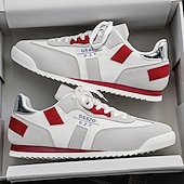 cheap Casual Sneakers-Men's White and Red Casual Sneakers Lace-Up Lightweight Comfort Walking Shoes Modern Low Top Footwear for Daily Wear, Travel, Commuting and Everyday Leisure