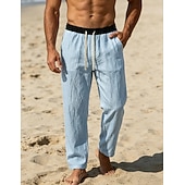 preiswerte Vakantie-Men's Linen Pants Trousers Summer Pants Beach Pants Drawstring Pocket Elastic Waist Color Block Comfort Breathable Knee Length Daily Outdoor Beach Vacation Fashion Black White Inelastic
