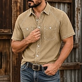 baratos Men's Work Shirts-SoftFade™ Men's Shirt Casual Shirt Acid Wash Shirt Garment Dyed Black Light Green Blue Purple Green Short Sleeve Plain Shirt Collar Casual Daily Clothing Apparel Elegant Fashion Casual