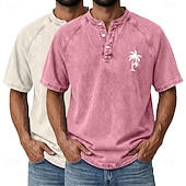 billige Casual Henley Tee-SoftFade™ Men's 2-PCS Coconut Tree T Shirt Demin Shirt 100% Cotton Acid Wash Shirt Short Sleeve Vintage Streetwear Casual Home Street Summer Spring Black Light Green Light Blue Stand