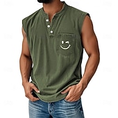 cheap Tank Tops-Men's 100% Cotton Acid Wash Shirt Sleeveless Shirt Sleeveless Henley Summer Solid Color Smile Face Casual Garment Dyed Faded Vintage Washed Daily Streetwear Blue Black Green Top Tee for Men