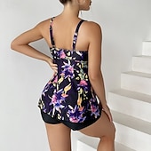Χαμηλού Κόστους Surfing Tankinis και Bikinis-Γυναικεία Κανονικό Μαγιό Τανκίνι 2 τεμάχια Άνθινο Εκτυπωμένο με αγορίστικα σορτς Προστασία UV Ελαφρύ Άνετο Αμάνικο Μαγιό Σέρφινγκ Παραλία Κολύμβηση Καλοκαίρι