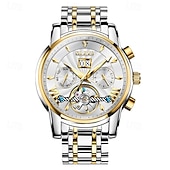 preiswerte Mechanische Uhren-Luxuriöse, automatische Herrenuhr, zweifarbiges Edelstahlgehäuse, blaues Zifferblatt im Skelett-Tourbillon-Stil, selbstaufziehende Business-Armbanduhr mit Großdatum, 24-Stunden-Anzeige, wasserdicht