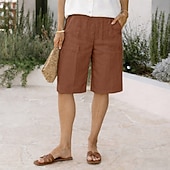 cheap Pants-Women's Cotton Linen Shorts Bermuda Shorts Shorts Baggy Shorts Vacation Vintage Fashion Knee Length Low Waist Solid Color Plain Pocket Elastic Waistband Comfort Soft Breathable Inelastic Streetwear