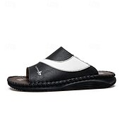 baratos Sandálias e Chinelos para Homem-Sandálias masculinas bicolor pretas e brancas, modelo slide, com bico aberto, costuradas à mão, confortáveis e casuais para o verão, ideais para uso diário, férias, em casa e momentos de lazer ao ar livre.
