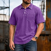 abordables Polo classique pour homme-SoftFade™ Men's Polo Shirts 100% Cotton Acid Wash Shirt Casual Holiday Lapel Short Sleeve Fashion Basic Plain Pocket Distressed Summer Spring All Seasons Dark Brown Black Light Green Pink Navy Blue