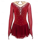 cheap Figure Skating Dresses-Figure Skating Dress Women's Ice Skating Dress Burgundy Patchwork Thumbhole Stretchy Training Competition Skating Wear Classic Crystal / Rhinestone Long Sleeve Ice Skating Figure Skating