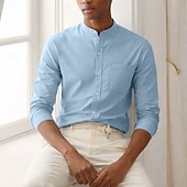 baratos Camisas masculinas de negócios-Homens Camisa Social Saia camisa de botão Tecido Casual Diário Azul Claro Preto Branco Verde Escuro Manga Longa colarinho do vovô Primavera Outono Roupa