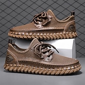 cheap Casual Lace-Up Shoes-Men's Beige Knit Casual Sneakers, Lightweight Lace-Up Comfort Walking Shoes for Daily Wear, Travel, Weekend Leisure and Smart Casual Outfits