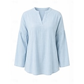 cheap Shirts-Women's Shirt Cotton Linen Shirts Cotton Blend Blouse Solid Color Plain Basic Long Sleeve Notched Neck Regular Tops Casual Daily White Sky Blue Spring Fall