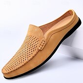 baratos Socas e Mules para Homem-Mocassins masculinos bege perfurados, modelo slip-on, leves e confortáveis, ideais para uso diário, viagens, dirigir e momentos de lazer no verão.