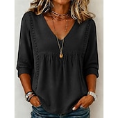  Femmes Chemise Couleur Unie Uni Bohème Vacances ancien Col en V Hauts Longs Occasionnel Bleu Blanche Noir Jaune Rose Claire Été Printemps