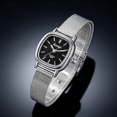 baratos Relógios Quartz-Women's Square Quartz Watch with Silver Mesh Strap, Minimalist Black Dial Ladies Fashion Watch, Elegant Vintage Small Face Wrist Watch for Women Girls, Birthday Gift for Her