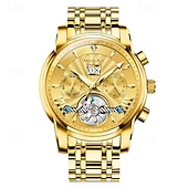preiswerte Mechanische Uhren-Luxuriöse, automatische Herrenuhr, zweifarbiges Edelstahlgehäuse, blaues Zifferblatt im Skelett-Tourbillon-Stil, selbstaufziehende Business-Armbanduhr mit Großdatum, 24-Stunden-Anzeige, wasserdicht