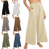 abordables pierna ancha y cintura alta-Mujer Algodón Perneras anchas Moda Ropa de calle Casual Longitud total Alta cintura Plano Bolsillo Cintura elástica Confortable Comodidad Suave Elástico Exterior Vacaciones Calle Azul Piscina