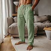 cheap Home-Men's Linen Pants Trousers Summer Pants Baggy Pants Drawstring Elastic Waist Straight Leg Plain Comfort Breathable Knee Length Casual Daily Holiday Fashion Classic Style Black White Inelastic