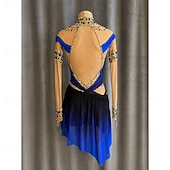 preiswerte Eiskunstlaufkleider-Eiskunstlaufkleid Damen Eislaufen Kleid Dunkelblau Patchwork Daumenloch Dehnbar Training Wettbewerb Eiskunstlaufkleidung Klassisch Kristall / Strass Langarm Eislaufen Eiskundstlauf