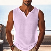 abordables Débardeurs-Homme Débardeur en lin T-shirt sans manches Chemise de batteur de femme Sans manches Col en V Henley Été Uni Mode Basique Bohème Mince Flexible Occasionnel Plage Vacances Noir Violet Vert T-shirt