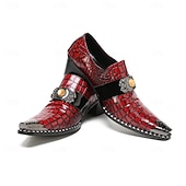 voordelige Mocassins de couro premium-Men's Red Croc-Embossed Strap Dress Shoes Pointed-Toe Statement Formal Footwear for Stylish Men, Weddings, Banquets, Parties and Stage Events