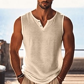 abordables Débardeurs-Homme Débardeur en lin T-shirt sans manches Chemise de batteur de femme Sans manches Col en V Henley Été Uni Mode Basique Bohème Mince Flexible Occasionnel Plage Vacances Noir Violet Vert T-shirt