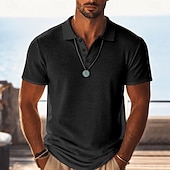 halpa Men's Classic Polo-Men's Linen Shirt Polo Shirts Casual Vacation Classic Short Sleeve Vacation Fashion Plain Textured Lightweight Buttons Summer Spring Blue Black Pink Green Light Blue Linen Shirt