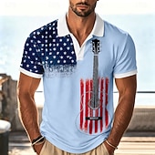  4. Juli 2026 250. Herren Amerikanische US-Flagge Gitarre Poloshirts Kurzarm Polo-Shirts Hemden mit Kragen Lässig Athleisure Festivalkleidung 3D-Druck Knöpfe Atmungsaktives Gewebe Sommer Frühling Blau